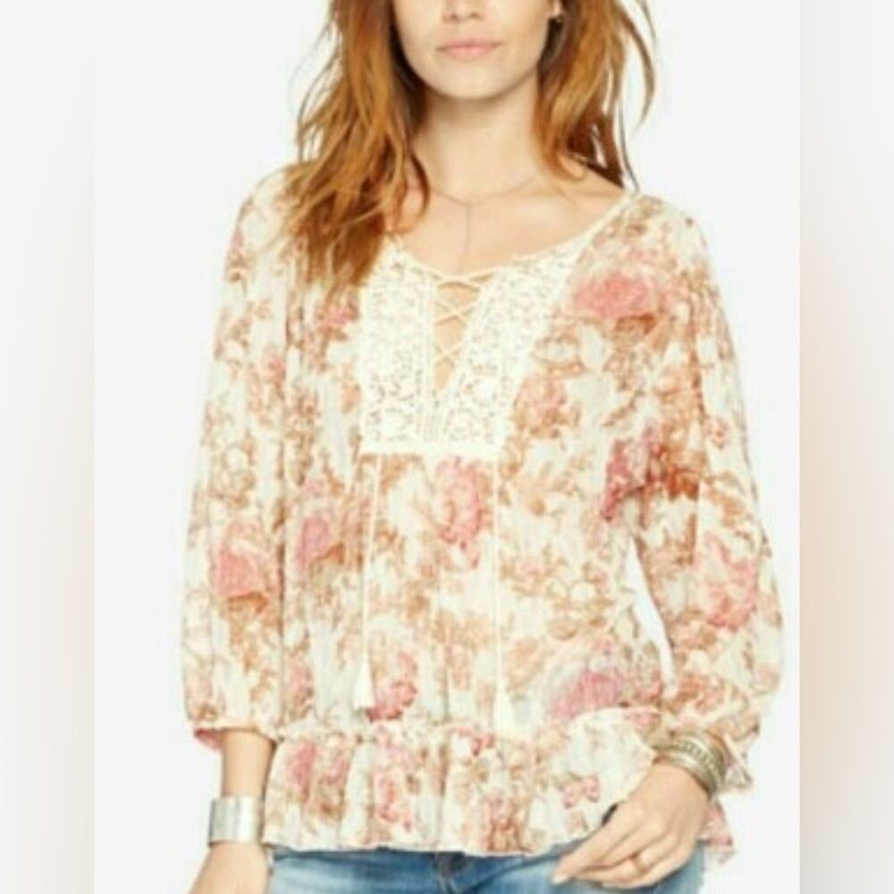 Ralph Lauren Denim & Supply | Sheer Lace Floral Print Blouse Tie Size Small